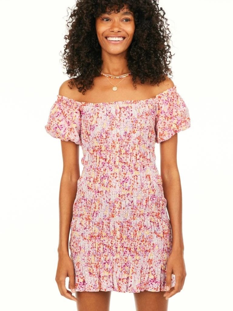 H&M Smocked Off-The-Shoulder Mini Floral Dress Size L Nwt